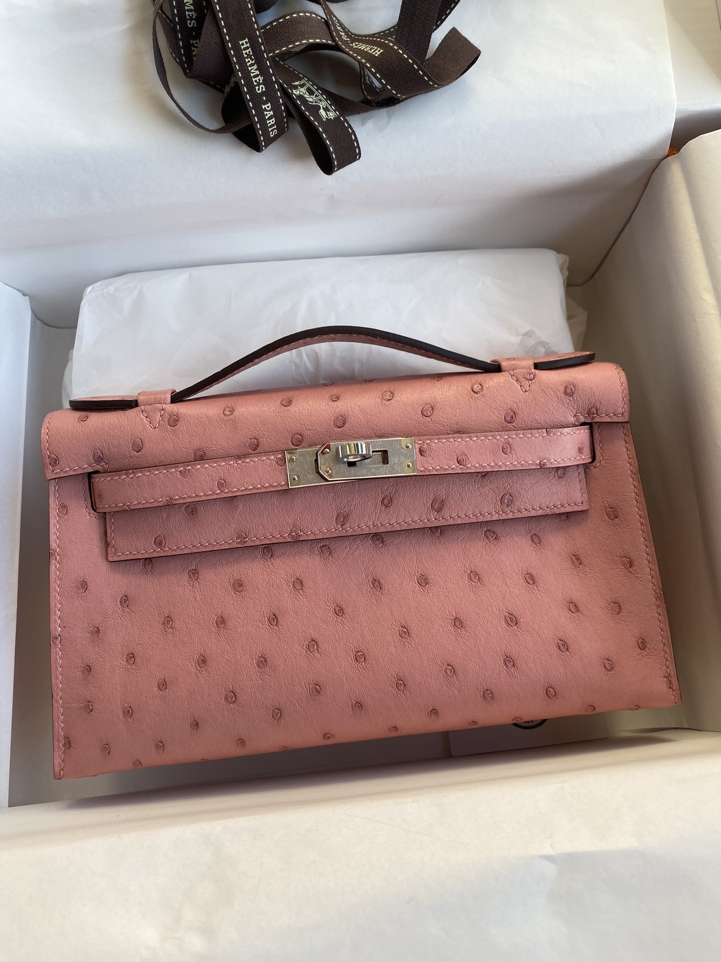 Hermes Mini Kelly Pochette 22cm Bag In Pink Ostrich Leather